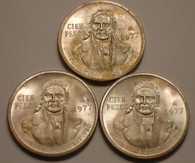 (3) 1977 Silver 100 Pesos Of Mexico CHOICE BU  2 Oz SILVER • $0.99