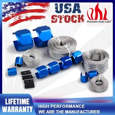 Universal Blue Braide Engine Hose Line Pipe And End Sleeve Sleeving Kit Caps US • $29.69