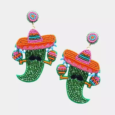 NEW Cute Green Chili Pepper W/ Mustache & Sombrero Hat Multi-Color Bead Earrings • $16.95