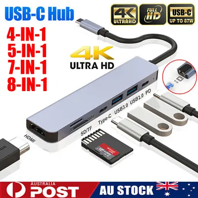 $18.66 • Buy 4/5/7/8 In1 USB-C Type-C Hub To USB3.0 4K HDMI RJ45 Ethernet SD TF Adapter U4D6