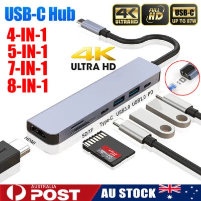 $19.64 • Buy 4/5/7/8 In1 USB-C Type-C Hub To USB3.0 4K HDMI RJ45 Ethernet SD TF Adapter U4D6