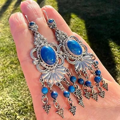 Vintage Jewelry Sterling Silver 925 Ear Massive Earrings Lapis Lazuli Stone • £93.60