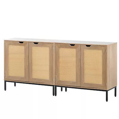 Set Of 2 Rustic Storage Cabinet With Rattan Doors Mid Century Wood Sideboard • $278.69