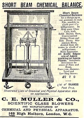 Mueller Co London Short Beam Chemical Balance 1900 Scientific Apparatus Print Ad • $9.95