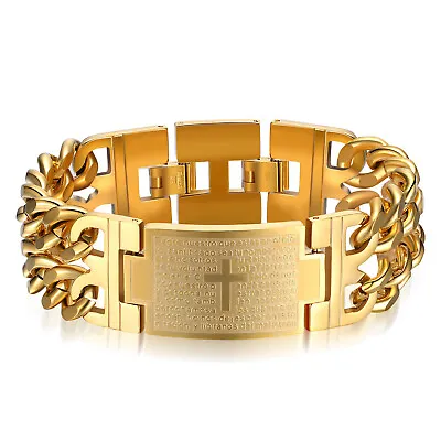 Xmas Men's Stainless Steel Bracelet Cross Spanish Bible Lords Prayer Link Wrist • $11.99