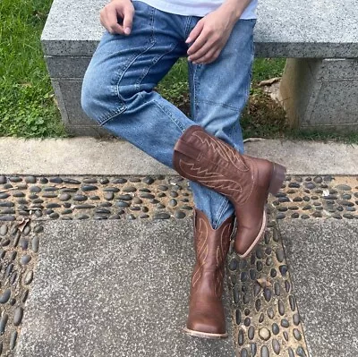 Cowboy Boots For Men Western Square Toe Classic Mid Calf Boots Brown • $79.99