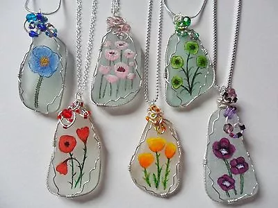 £12.95 • Buy Hand Painted POPPY Sea Glass Necklaces, Swarovski/Miyuki Beads Silver Plated