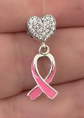 Pink Ribbon Heart Charm Breast Cancer Awareness 925 Sterling Silver Pendant • £18.49