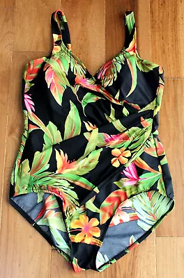 Miraclesuit TROPICAL BLACK SWIMSUIT Womens 16 Slimming 1 Piece Wrap Front • $48.95