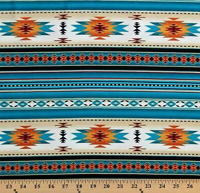 Cotton Southwest Tucson Metallic Aztec Turquoise Fabric Print By Yard D462.54 • $12.95