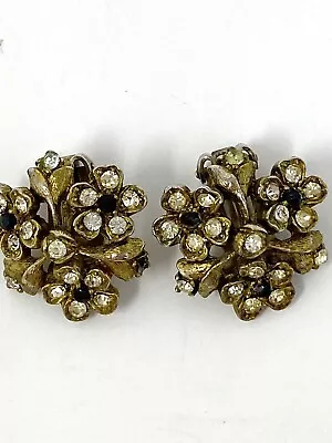 HAR Vintage Clip On Flower Earrings Rhinestone And Black Stones • $15