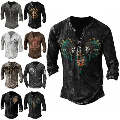 $21.33 • Buy Autumn Men's Clothes Long Sleeve Henley Shirt Baggy V Neck Vintage Tops T Shirt