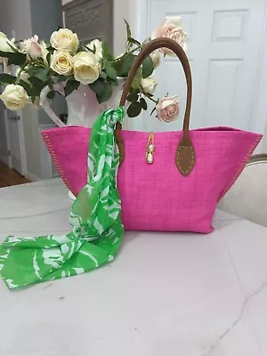 Lilly Pulitzer/Target Hot Pink Beach Straw Tote Handbag Pineapple Closure Scarf • $65