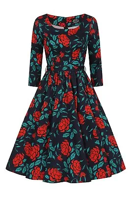 H&R London Dahlia Rose Swing Dress Vintage 1950s Hearts Roses UK • $56.82