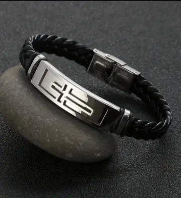 Men's Stainless Steel Cross Black Braided Leather Cuff Bracelet Prayer Religious • $6.99