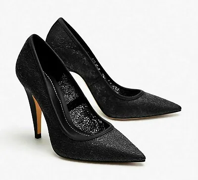 Zara Black Rubberized Lace-effect High Heel Court Shoes  Size Uk 6 Eu 39 Us 8 • £49.99