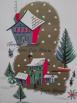 1957 Vtg CHRISTMAS MID CENTURY HOUSES From Our House To Your House CARD • $5