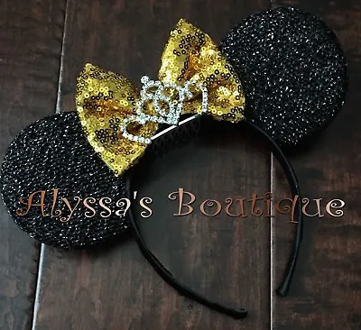 Minnie Mouse Ears Headband Glittery Gold Bow Tiara Birthday Party Favors Belle • $12.95
