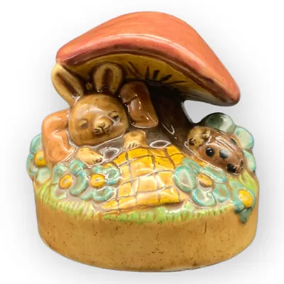 Mushroom/ Toadstool With Bunny Rabbit Napping Ceramic Figurine Planter Décor • $17.95