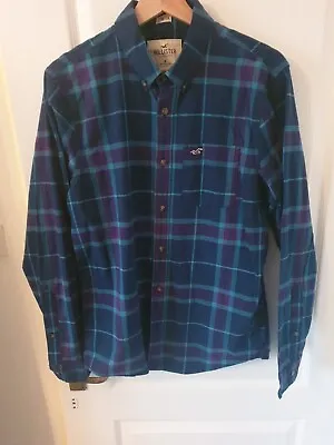 Hollister Unisex M Long Sleeve Buttons Up Collared Shirt Teal Plaid • £12