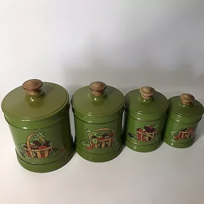 Mid Century Vtg Kromex Alum Green/Strawberries Canister Set 4 Pc Made In USA • $35