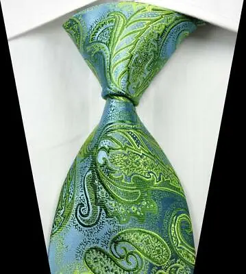 Hot! Classic Paisley Green Light Blue JACQUARD WOVEN 100% Silk Men's Tie Necktie • $7.99