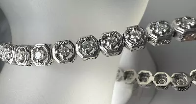 Vintage Filigree 14k White Gold NATURAL Diamond Tennis Link Bracelet 7  • $1675