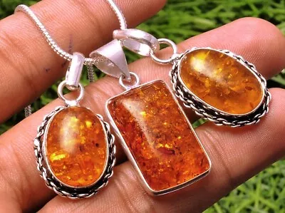 Sale Baltic Amber 925 Sterling Silver Plated 5 PCs Fancy Pendant Lot With Chain • $15.29