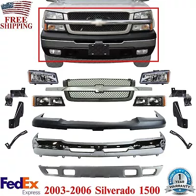 Front Bumper Chrome Steel + Grille With Headlight Kit For 2003-06 Silverado 1500 • $728.34