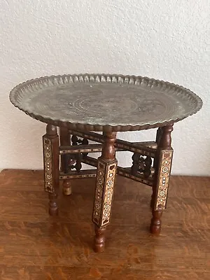 Antique Moorish Brass Tray Table On Inlaid Folding Stand • $579