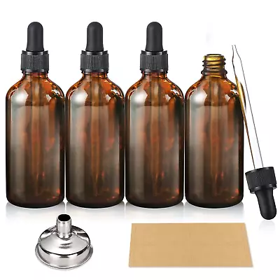 4 Pack 3.4Oz Dark Amber Dropper Bottles With 1 Funnels For Oil & 4 Labels • $11.52