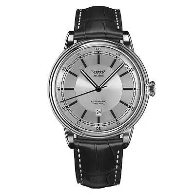 Aviator Black Leather Silver Dial Swiss Made Men's Automatic Watch - V33202414 • $1599