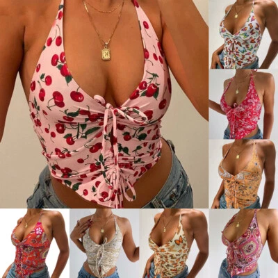 £3.94 • Buy Sexy Vest Crop Top Womens Girl Camis Y2K Stretch Halter V Neck Backless T Shirts