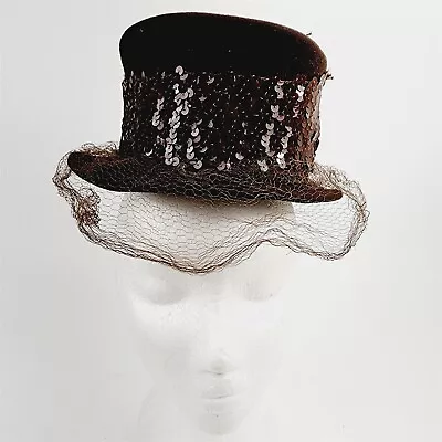 Vintage Olivier Womens Brown Wool Sequins Net Bow Hat W/ Bon Marche Box • $49.95