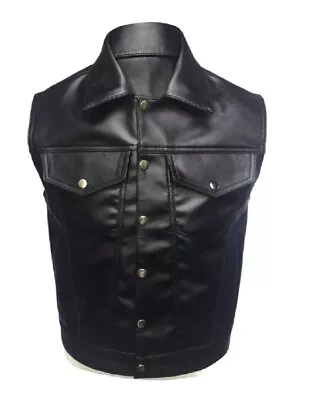 Mens Real Cow Leather Black Motorcycle Biker Style Vest Waistcoat • £64.99