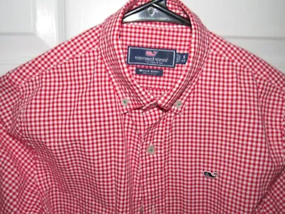 VINEYARD VINES Boys Small 8 10 Button Front Whale Shirt Red White Check Cotton • $9.99