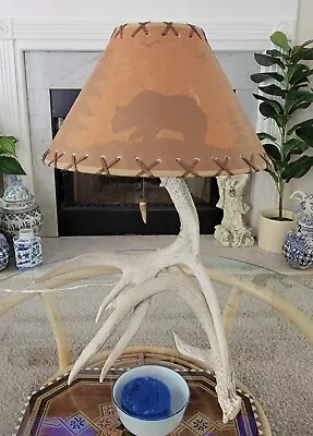 Deer Antler Side Table Lamp Rustic Cabin Lodge Forest Decor Bear Moose Shade  • $165