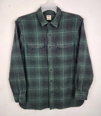 Levis Button Up Shirt Large Green Flannel Plaid Long Sleeve Men Relaxed Fit • $12.95