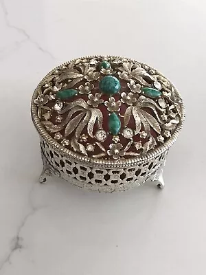 Vintage Ornate Round Trinket Ornate Blue Green Stones Dresser Box • $24.99