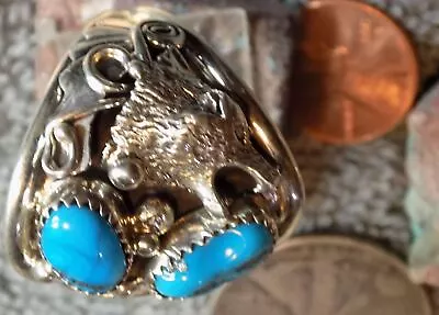 Mens Sterling Silver Turquoise Leaf Wolf Ring Navajo Darrell Morgan Size 14 1/2 • $109.77