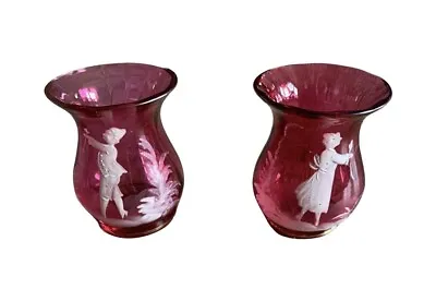 Mary Gregory Vintage Cranberry Glass Vases Pair Lot Of 2  Small 2” Tall • $40