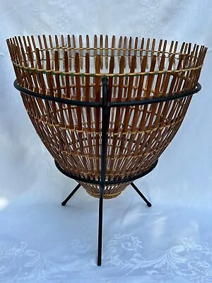 Vtg FRANCO ALBINI? Bamboo Rattan Fish Trap Basket Table On W.I. Base Glass Top • $385