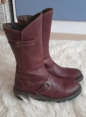 £29.99 • Buy Fly London Burgundy Red Leather Boots Size 6, Mid Calf, Good Condition