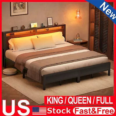 Full/Queen Bed Frame With LED Headboard Metal Platform Bed With Charging Station • $189.99