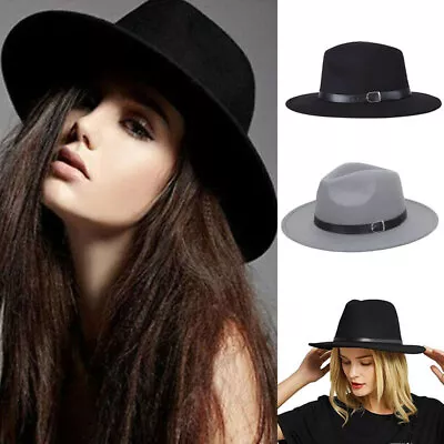Vintage Men Women Solid Hard Felt Fedora Hat Trilby Cap Gangster Wide Brim Hat • £8.29