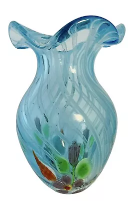 Quality Heavy Art Glass Vase Blue Swirl Pattern W/  Millefiori Flowers 9.25” H • $63.25