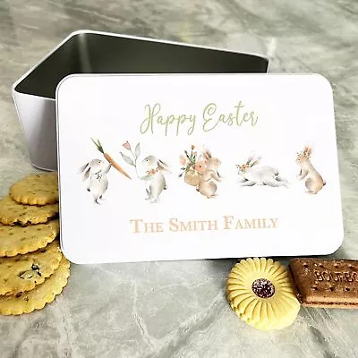 Watercolour Cute Easter Rabbits Personalised Gift Cake Biscuits Sweets Treat Tin • £15.26