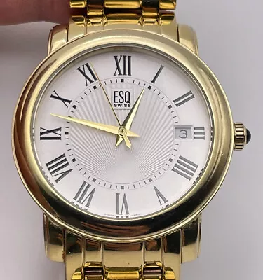 Esq By Movado E5384 Men's Gold Tone Wrist Watch White Dial Swiss Quartz Date • $49.95