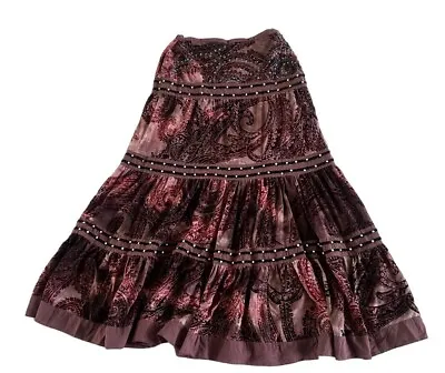 Vintage 90's Womens Tiered Maxi Skirt Embellished Velvet & Jacquard Size Large • $34.99