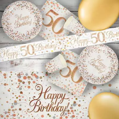 Rose Gold Age 50th Birthday Party Decorations Banner Bunting Balloons Tableware • £3